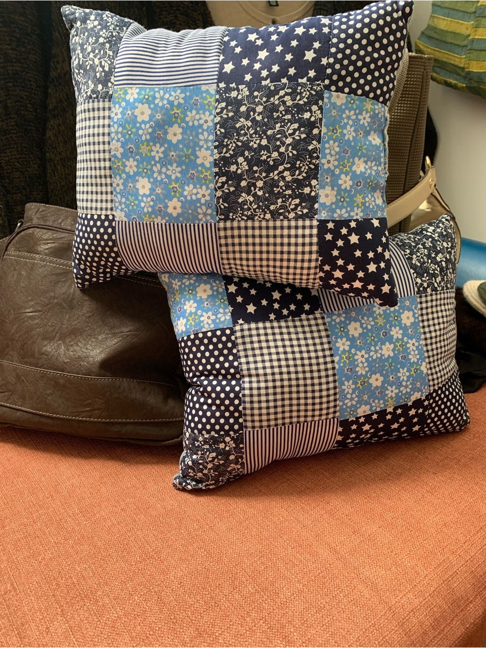 PatBen Décor ,NWT set of 2 Blue and white Patchwork Decorative Throw Pillow